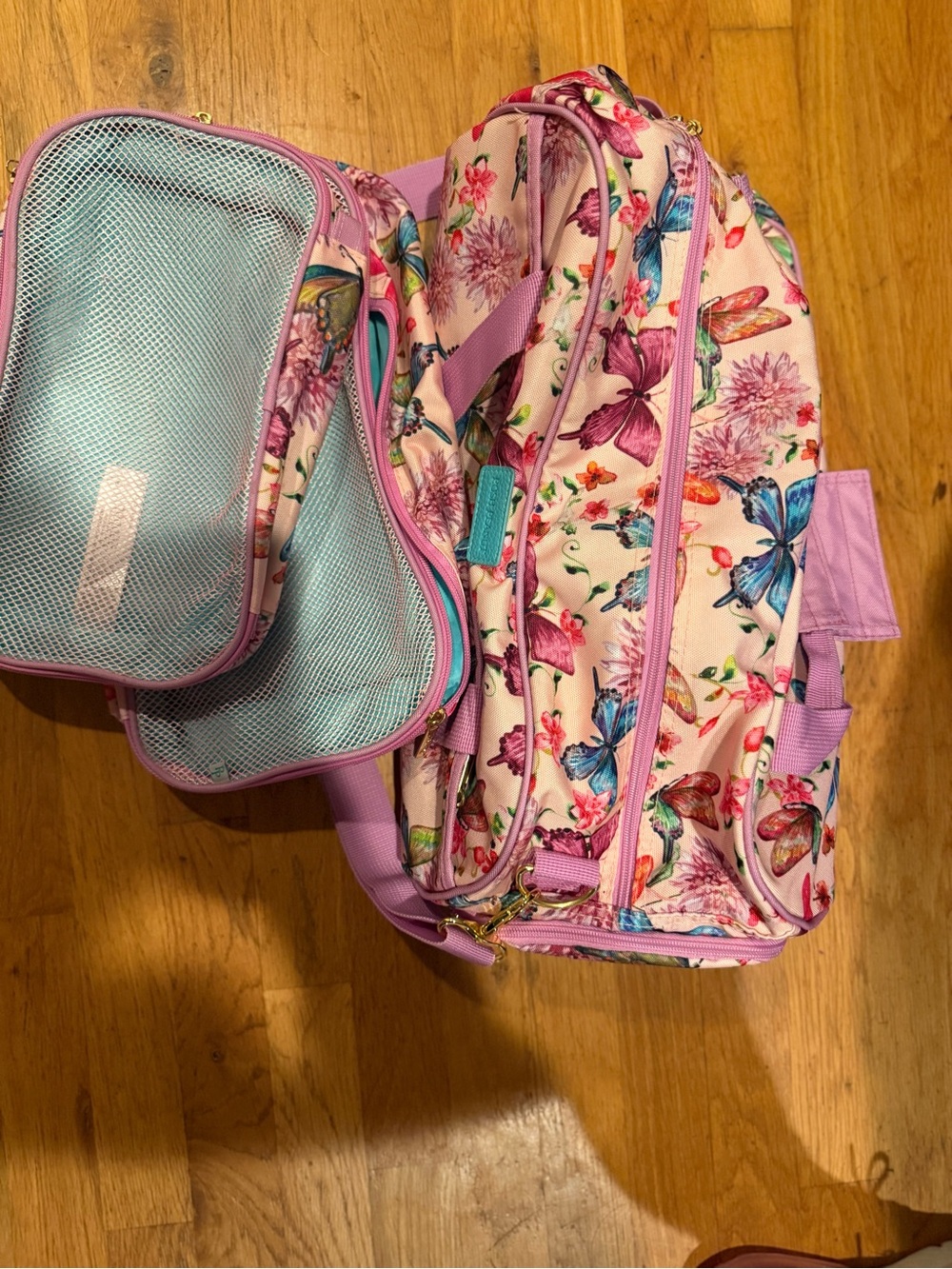 Posh Peanut Butterfly Print Pink Backpack with Mesh Pouch